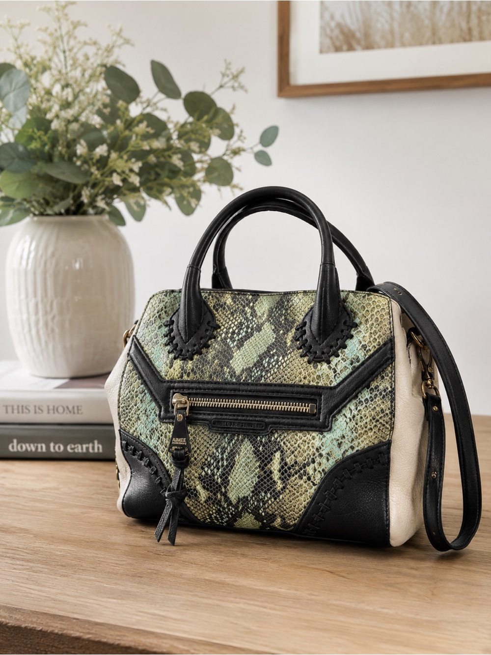 Aimee Kestenberg Green Snake-Print and Black Satchel